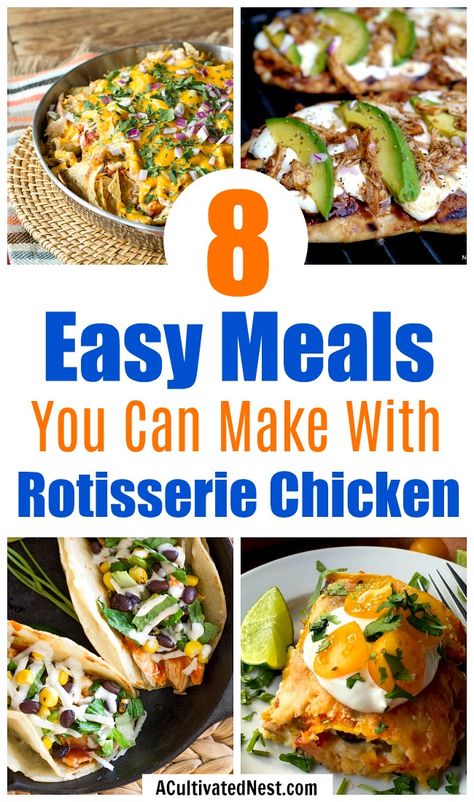 8 Easy Meals You Can Make With Rotisserie Chicken- You can quickly make a yummy semi-homemade meal with store-bought rotisserie chicken! Here are some tasty recipes you can make with rotisserie chicken! | #recipe #chicken #food #rotisserieChicken #dinner #easyRecipe #easyMeal #easyDinner #tacos #pasta #pizza #soup Make With Rotisserie Chicken, Rotisserie Chicken Uses, Rotisserie Recipes, Chicken Salad Wrap, Leftover Rotisserie Chicken, Tasty Meals, Semi Homemade, Quick Dinners, Lunch Food