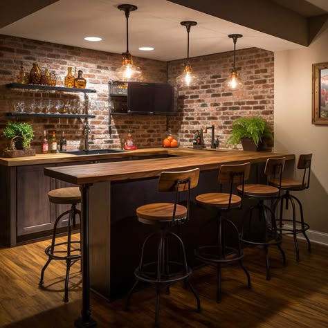 Bar Themed Basement, Small Basement Bar Ideas Rustic, At Home Bar Inspiration, Home Bar Basement Ideas, At Home Basement Bar, Rustic Bar Basement, Games Room Decor Ideas, Small Bar Ideas For Home Basement, Homemade Basement Bar