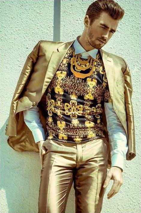 The Fashion Forecast of 2014: 7 Trends for a Menswear Palette http://wp.me/pYeKK-1Hs Gold Men’s Outfit, Men Gold Outfit, Golden Outfit Men, Golden Suit Men, Shiny Suit Men, Gold Suit Men, Golden Clothes, Golden Suit, Gold Clothes