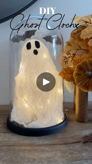 8.3K views · 4.2K reactions | DIY Ghost Cloche  A high end look for less! What you’ll need: Cloche:this one is from dollarspot a few years ago, but I linked other options.  Cheesecloth Black felt Glue gun/glue Modpodge  A vessel smaller than your cloche Styrofoam small ball something small and round Optional: For the arms-pipe cleaner or small dowel. bat cutouts to hang with fishing wire Fairy lights How to: Dilute modpodge with water 50:50 ratio-I like to add a little extra modpodge after diluting.  Cut your cheesecloth to size: by placing ball over the bottle first.  If you want arms on your ghost: test out length of arms inside cloche than cut dowel to size.  Soak your cheesecloth in the mixture and stretch.  I like to layer my ghost with another piece of cheesecloth(you’ll need to soak Diy Halloween Cloche Ideas, Cloche Halloween Ideas, Halloween Cloche Ideas Dollar Tree, Ghost Cloche Diy, Ghost Made From Light Globes, Ghost Cloche, Ghost In A Cloche, Diy Ghost Decoration, Halloween Cloche