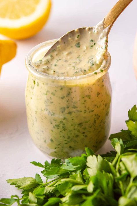 Lemon Herb Tahini Dressing, Italian Vinaigrette, Sip And Feast, Feast Recipes, Tahini Dressing Recipe, Homemade Dressings, Mambo Italiano, Vegetable Dips, Green Salads