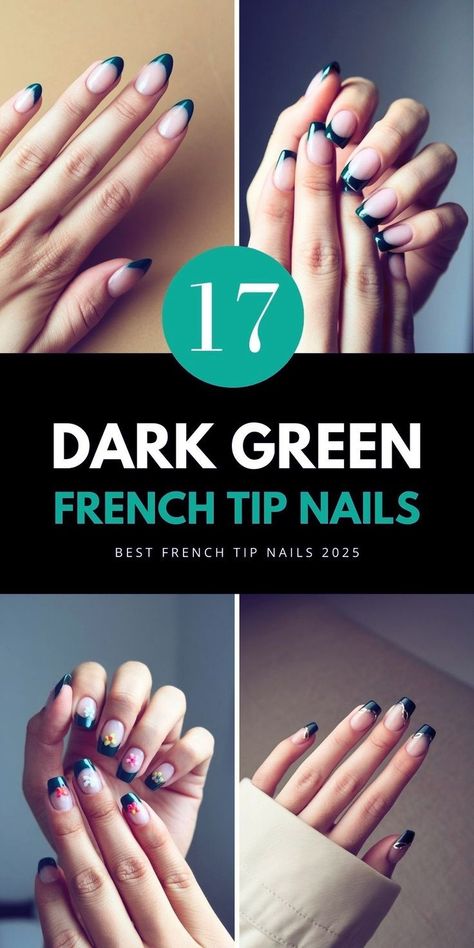 Experience sophistication with my dark green French tip nails, a natural nails manicure that stands out. These emerald nails are trending among popular nail colors, ideal for hoco nails and a minimal makeup look. Save this pin to your 'Sophisticated Nails' board and check out the article for more designs. Forest Green French Tip, Dark Green French Tip Nails, Dark Green French Tip, Tip Nails Designs, French Tip Nails Design, Nails Design Red, March Nail Designs, Green French Tip Nails, Forest Green Nails