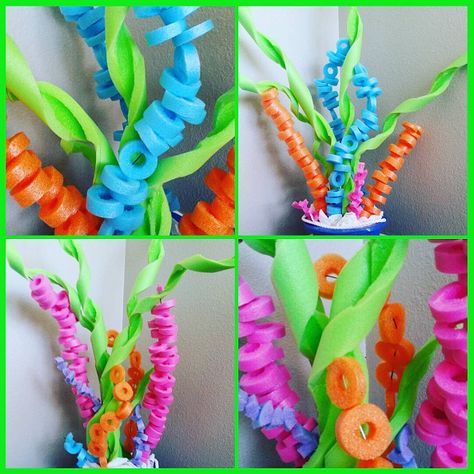 Pool Noodle Coral Reef Craft - Crafty Morning Pool Noodle Sea Anemone, Pool Noodle Seaweed, Pool Noodle Coral Reef Tutorial, Noodle Pool Ideas, Pool Noodle Seaweed Diy, Pool Noodle Ocean Decorations, Pool Noodle Crab, Pool Noodle Flowers Diy, Pool Noodle Sculpture