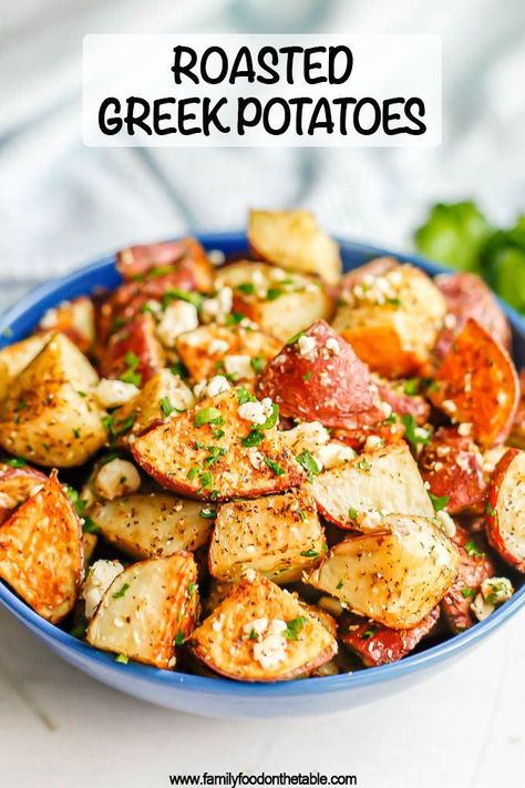 Greek roasted potatoes are seasoned and roasted until browned then tossed with feta cheese and fresh herbs for a flavorful side dish. Roasted Greek Potatoes, Greek Red Potatoes, Mediterranean Roasted Potatoes, Roasted Potatoes With Feta Cheese, Greek Roast Potatoes, Greek Feta Roasted Potatoes, Authentic Greek Lemon Roasted Potatoes, Greek Roasted Potatoes, Baked Potato Microwave