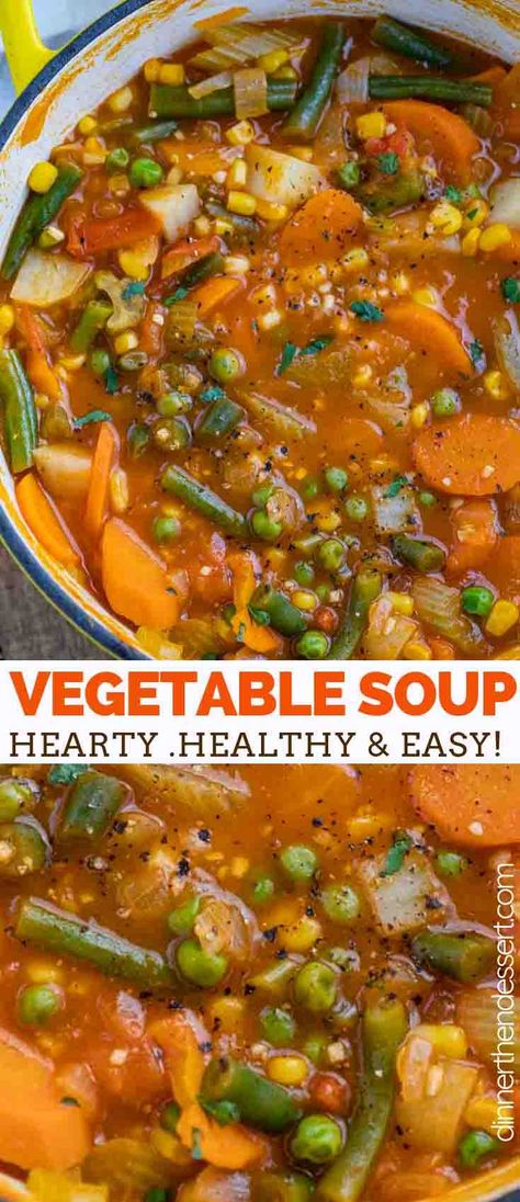 Vegetable Soup is hearty and savory, full of nourishing veggies like tomatoes, corn, green beans, celery, and potatoes, ready in under 45 minutes! #easy #healthy #lowcarb #soup #stew #vegetarian #simple #dinnerthendessert Crock Pot Recipes, Buffalo Cauliflower, Vegetable Soup Recipes, Veggie Soup, Soup Dinner, Vegetarian Soup, Easy Soups, Easy Soup Recipes, Healthy Soup Recipes