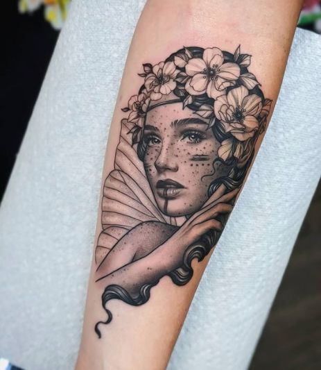 Portrait Tattoo With Flowers, Cam Pohl Tattoo, Black And Grey Realism Flower Tattoo, Fairy Portrait Tattoo, Dog Portrait Tattoo With Flowers, Dog Portrait With Flowers Tattoo, Black White Tattoos, Fairy Tattoo, Ink Master