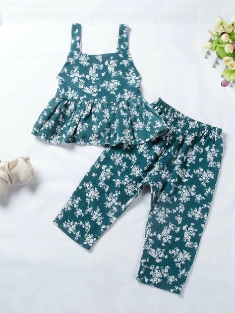 Toddler Girls Ditsy Floral Peplum Top & Pants | SHEIN Kids Dress Collection, Kids Blouse Designs, Kids Blouse, Kids Frocks Design, Kids Dress Wear, Kids Dress Patterns, Floral Peplum Top