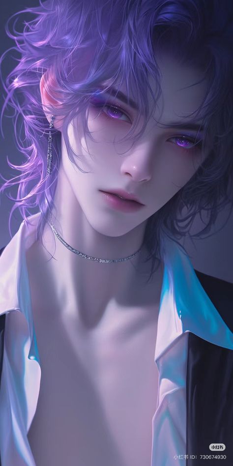 Purple Eyed Anime Guy, Semi Realistic Male, Dark Purple Hair, Anime Love Story, Roleplay Characters, Cute Tumblr Wallpaper, Cute Fantasy Creatures, Magic Eyes, Anime Guys Shirtless