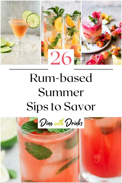 Collage of 4 summer rum cocktails. Run Drink Recipes, Summer Cocktail Recipes Rum, Rum Based Drinks, Run Cocktail Recipes, Rum Batch Cocktails, Simple Rum Cocktails, Batch Rum Cocktails, Rum Cocktails Summer, Cocktail Recipes Rum