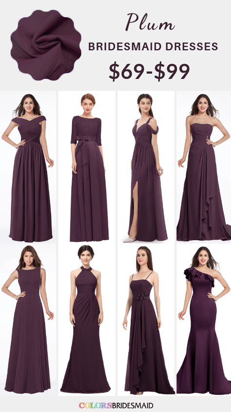 Plum bridesmaid dresses on sale $69-99, in 600+ custom-made styles and all sizes. 150+colors, made to order, fast arrived, color sample available. #colsbm #bridesmaids #bridesmaiddresses #plumwedding #weddingideas #plumdress b1232 Plum Bridesmaid Dresses Long, Grey Fall Wedding, Color Palettes 2023, Navy Blue Groom Suit, Bridesmaid Dresses Styles, Plum Bridesmaid Dress, October Wedding Colors, Plum Bridesmaid, Gray Wedding Colors