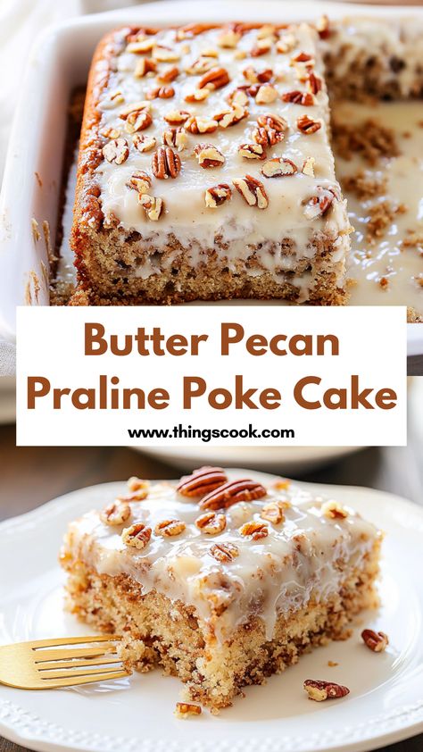 Discover delicious cooking recipes with this Butter Pecan Praline Poke Cake. This is one of the best cooking recipes for a sweet and flavorful dessert. Add it to your collection of favorite cooking recipes today!
#CookingRecipes #ButterPecan #PralinePokeCake #DessertIdeas #EasyRecipes Butter Pecan Poke Cake Recipes, Poke Cake Recipes Condensed Milk, Butter Pecan Poke Cake, Poke Cakes Recipes, Butter Pecan Praline Poke Cake, Pecan Praline Cake, Pecan Desserts Recipes, Boxed Cake Mixes Recipes, Butter Pecan Cake