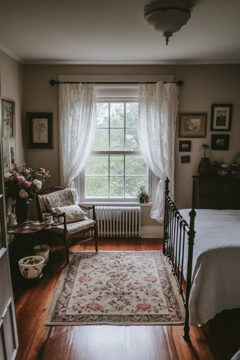 See exactly how to style a dark boho bedroom with these tips and tricks. Master Bedrooms Decor Modern Window Behind Bed, Farmhouse Bedroom Ideas Master Suite, Cottage Bedroom Aesthetic, Dream Cottage House, Country Cottage Aesthetic, Grandma Room, Comfy Bedrooms, Dark Boho Bedroom, 1800s Home