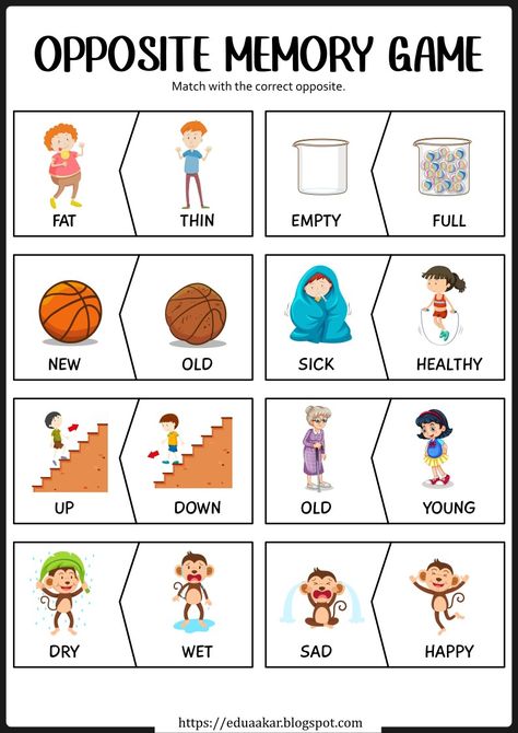 Opposite puzzle game for preschool Big Activities For Preschool, Game For Preschoolers, Opposite Words For Kids Worksheet, Puzzle Worksheets For Kids, Classroom Games For Kids, Memory Game, Opposite Words For Kids, Opposites For Kids, Opposites Worksheet