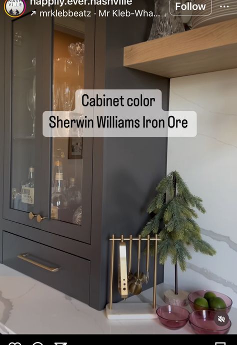 Cabin Cabinet Colors, Dark Cabinet Laundry Room, Moody Kitchen Cabinet Colors, Dark Kitchen Cabinets Paint, Dark Kitchen Paint Colors, Urban Bronze Vs Iron Ore, Sherwin Williams Iron Ore Cabinets, Iron Ore Sherwin Williams Cabinets, Iron Ore Cabinets Kitchen