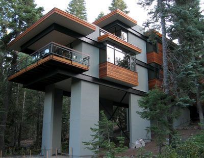 The Steel Tree House – Lake Tahoe. Storage under the deck ... #ultramodernarchitecture Modern Tree House, Green House Design, Tree House Plans, House Wall Design, House On Stilts, Cool Tree Houses, Tree House Designs, Tree Houses, Green Building