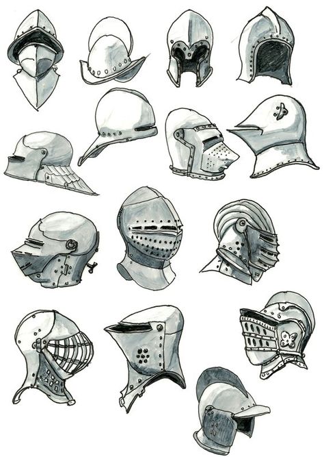 Armor Tutorial, Helmet Drawing, Knight Drawing, Medieval Drawings, Armor Drawing, Helmet Armor, Medieval Helmets, Knights Helmet, Some Sketches