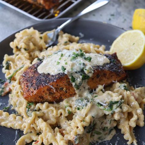 Tuscan Salmon with Mafaldine Pasta - One Stop Chop Crusted Lamb Chops, Mafaldine Pasta, Crab And Shrimp Recipe, Tuscan Salmon, Stuffed Shrimp, Tuscan Pasta, No Bake Banana Pudding, Crab Stuffed Shrimp, Wonton Recipes