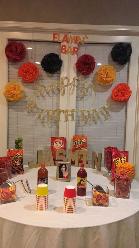 Hot Cheetos bar #flaminhot Hot Cheetos Decorations, Hot Cheetos And Cheese Bar, Hot Cheeto Bar Party, Hot Cheetos Bar, Hot Cheetos Party, Unt Graduation, Party Snack Table, Paty Ideas, Sloth Party