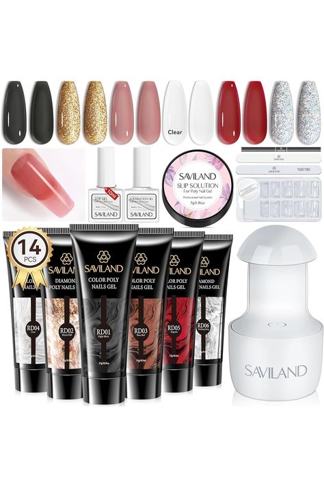 Saviland Jelly Glitter Poly Gel Nail Kit with U V Light Starter Kit- 6 Colors Clear Black Red All in One Poly Nail Extension Gel Kit Builder Nail Gel with Base Top Gel Slip Solution for DIY Art Home Poly Gel Nail Kit, Poly Extension Gel, Poly Nail Gel, Poly Gel, Uv Nail Lamp, Hard Nails, Gel Set, Nail Art Salon, Gel Nail Kit