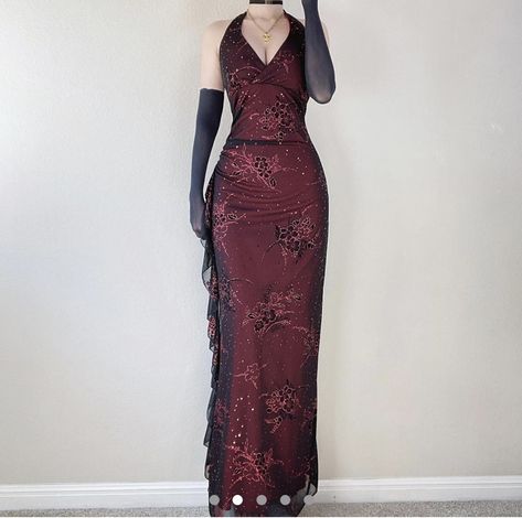 Maroon Vintage Dress, Dark Red Dresses Long, Red Floral Prom Dress, Casino Theme Prom Dress, Vampy Prom Dress, Maroon Prom, Red Mesh Dress, 90s Prom Dresses, Maroon Prom Dress