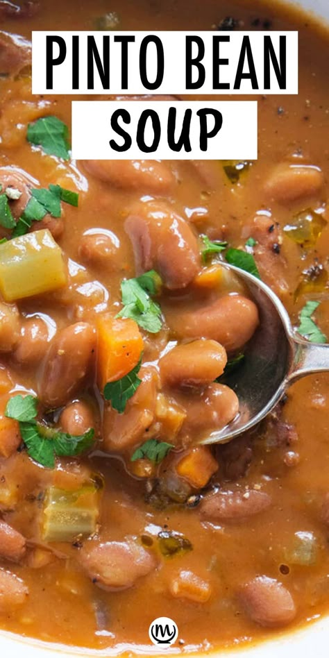 In this easy pinto bean soup recipe the beans break and melt into a rich tomato broth that’s full of herbs and smoky flavour. It's so delicious, creamy, and vegan! #veganrecipes #cheapdinnersforafamily #beansoup #pintobeanrecipes #glutenfreerecipes Pinto Bean Soup Recipes, Pinto Bean Soup, Pinto Bean Recipes, Pinto Bean, Bean Soup Recipe, Soup Beans, 2024 Recipes, Homemade Soup Recipe, Tomato Broth