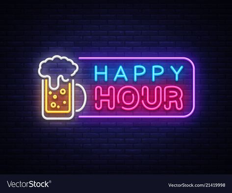 Happy hour neon banner design template Royalty Free Vector Happy Hour Beer, Neon Banner, Bar Neon Sign, Cool Neon Signs, Neon Lights Bedroom, Neon Text, Modern Design Trends, Simple Designs To Draw, Banner Template Design