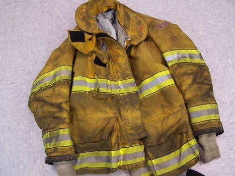 Photograph of a dirty HiViz firefighter uniform jacket. Galo Thymos, Firefighter Uniform, Firefighter Jacket, Uniform Jacket, Match Me, Trucker Jacket, Clothing Rack, Jacket Style, Firefighter