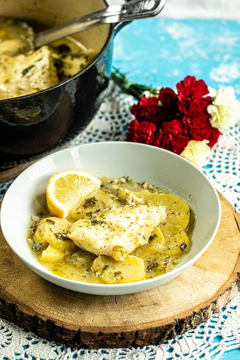 Cod And Potatoes Recipes, Cod Stew, Greek Goodness, Dimitras Dishes, Lemon Fish, Potato Stew, Beef Ragu, Lemon Potatoes, Skillet Dishes