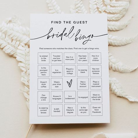 EVERLEIGH Find the Guest Bridal Shower Bingo Game  Invitation | Zazzle Wedding Bingo, Bridal Shower Bingo, Find The Guest, Bridal Bingo, Bridal Shower Planning, Baby Bingo, Bridal Shower Invitations Templates, Bachelorette Party Invitations, Bingo Games