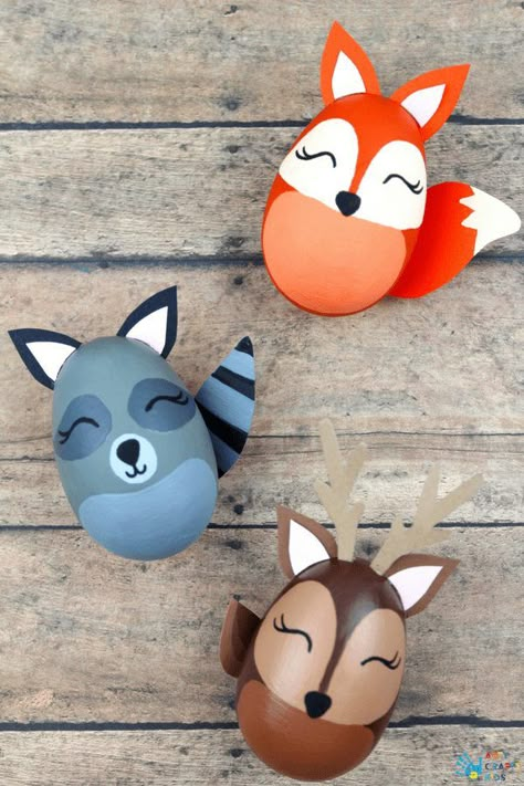 Woodland Animal Easter Egg Craft | Arty Crafty Kids Animal Easter Eggs, Diy – Velikonoce, Easter Egg Craft, Funny Easter Eggs, Diy Woodland, Egg Craft, Fox Crafts, Easter Egg Designs, Easter Egg Crafts