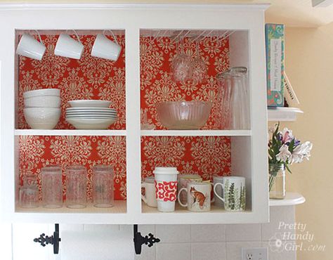 I love this redo - remove doors, apply patterned paper or fabric, then paint cabinets white. Open Kitchen Cabinets, Koti Diy, Paint Cabinets White, Open Cabinets, Ideas Hogar, Kitchen Farmhouse, Diy Kitchen Cabinets, Kitchen Redo, Updated Kitchen