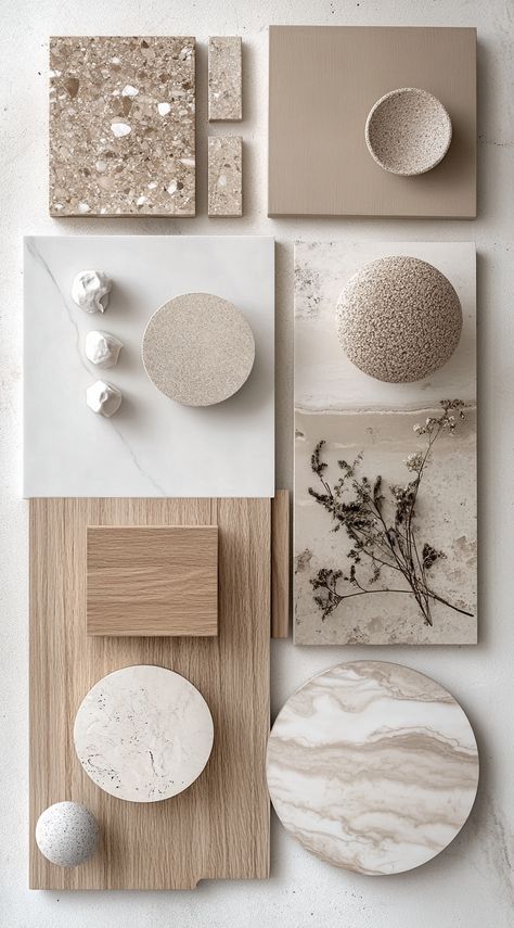 Moodboard of materials for interior design Modern Interior Colour Scheme, Modern Organic Moodboard, Mood Board Minimalist Interior, Light Wood Mood Board, Furniture Mood Board Inspiration, Light Oak Mood Board, Studio Mcgee Mood Board, Minimalist Moodboard Interior Design, Minimalist Material Board