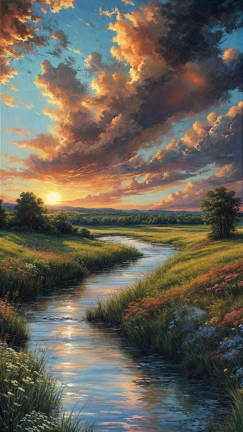 Art Reference Painting Landscape, Cool Art Drawings Landscape, Sun In The Sky Painting, Art Wallpapers Paintings, Paintings That Make You Feel Something, Oil Painting Scenery Landscapes, Oil On Canvas Painting Landscapes, Water Painting Landscape, Autumn Lake Painting