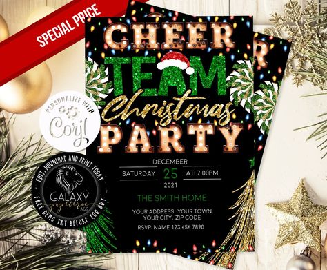 Christmas Party Invitation, Cheer Team, Holiday Invitations, Christmas Party Invitations, Editable Invitations, Green Gold, Holiday Party, Green And Gold, Holiday Parties