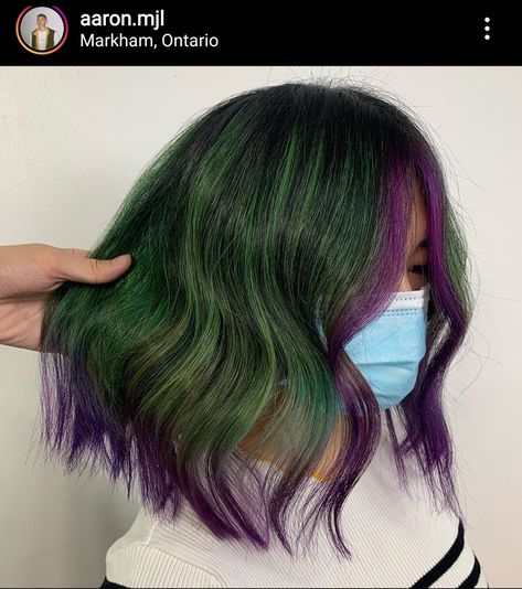 Purple Hair Green Highlights, Purple Green Hair Short, Dark Green And Purple Hair, Green Purple Hair, Purple And Green Hair Short, Purple Hair Green Money Piece, Green And Purple Ombre Hair, Green Hair Bangs, Purple And Green Hair