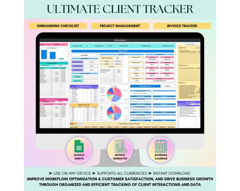 Client Tracker on Google Sheets: Your All-in-One Solution for Streamlined Client Management Maximize efficiency and boost your business growth with our comprehensive Client Tracker on Google Sheets. This powerful tool is designed to help you manage clients, projects, and finances seamlessly. Discover the benefits of each of the 11 tabs included in this versatile tracker: CRM Dashboard Get an overview of your client management with key performance metrics and insights. Monitor client interactions Client Onboarding Checklist, Client Contact Information Sheet, Client Appointment Sheet, Client Management Spreadsheet, Business Sales Tracker, Client Tracker, Onboarding Checklist, Work Calendar, Communication Log