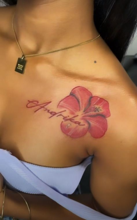 Shoulder Into Arm Tattoo, Medium Neck Tattoos For Women, Shoulder Tattoos Women Unique, Hibiscus Flower Tattoos Black Women, Tattoo Ideas Female Chest For Women, Medium Cute Tattoos, Hibiscus Hand Tattoo, Collar Bone Tattoo Cover Up, Baddie Tats Hip