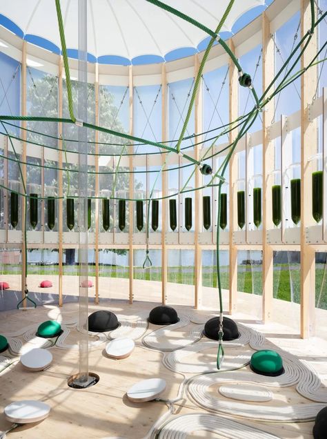 Algae-filled AirBubble by EcoLogicStudio purifies the air as children play Science Centre, Membrane Roof, Timber Structure, Interactive Installation, Timber Deck, Outdoor Classroom, Architecture Inspiration, Natural Ventilation, Cities In Europe