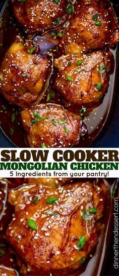 Slow Cooker Mongolian Chicken is a set it and forget it five ingredient recipe that is sweet, spicy, and full of garlic and ginger flavors! Slow Cooker Tikka Masala, Mongolian Chicken, Tandoori Masala, Slow Cooker Desserts, Slow Cooked Meals, Crockpot Dishes, Chicken Slow Cooker Recipes, Crock Pot Slow Cooker, Crockpot Recipes Slow Cooker