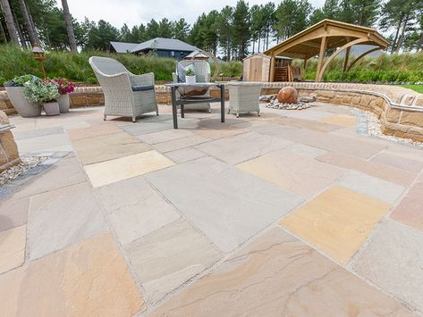 I like these sandstone pavers Sandstone Patio Ideas, U Shaped Kitchen Inspiration, Sandstone Patio, Sandstone Paving Slabs, Sandstone Texture, Indian Sandstone, Limestone Paving, Sandstone Color, Sandstone Paving