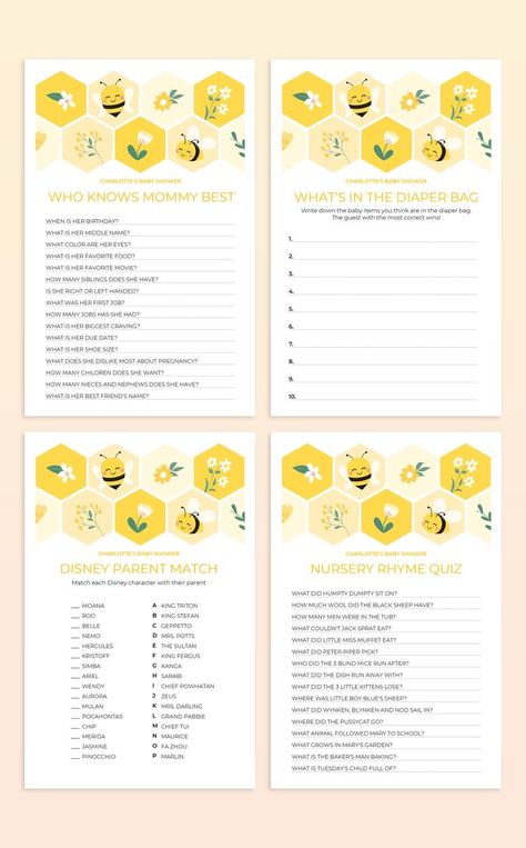 Bee Baby Shower Games, Bee Games, Find The Guest, Bee Printables, Celebrity Baby, Who Knows Mommy Best, Mommy To Bee, Bee Baby Shower Theme, Baby Word Scramble