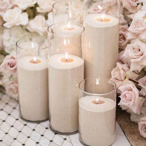 Sand Candles Diy, Diy Candle Pillars, Ocean Candle, Pretty Candles, Pillar Candles Wedding, Pearl Wax, Pillar Candle Decor, Candle Table Centerpieces, Pearl Candle