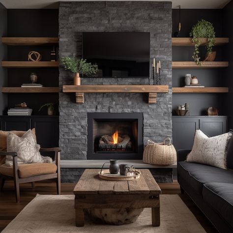 Custom Reclaimed Wood Beam Fireplace Mantels With Matching Shelves 705 - Etsy Family Living Room Wall Decor, Beside Fireplace Wall Decor, Large Tv With Fireplace, Grey Wood Fireplace, Black Country Living Room, Full Wall Stone Fireplace, Buildout Fireplace, Masculine Bonus Room, Dark Stained Mantle