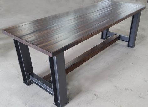 Walnut table top and trestle with solid steel I-beam legs. Industrial restaurant table. C Channel Steel Ideas, Table Base Design, Industrial Table Legs, Industrial Loft Design, Walnut Table Top, Steel Table Base, Modern Farmhouse Table, Industrial Restaurant, Communal Table