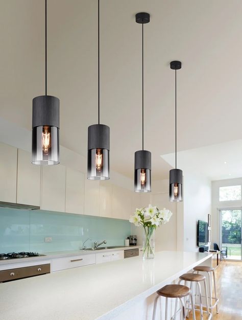 Modern Kitchen Pendants, Modern Kitchen Lighting, Hanging Lights Kitchen, Open Plan Kitchen Living Room, Kitchen Pendant, Kitchen Ceiling Lights, Kitchen Ceiling, Kitchen Lights, Single Pendant Lighting