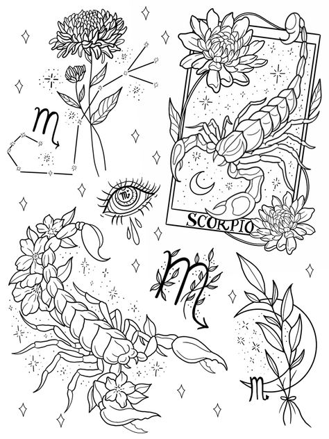 Cat Kingston, Kingston Tattoo, Scorpio Art, Tarot Tattoo, Petit Tattoo, Witch Coloring Pages, Zodiac Sign Tattoos, Flash Tattoo Designs, Flash Sheet