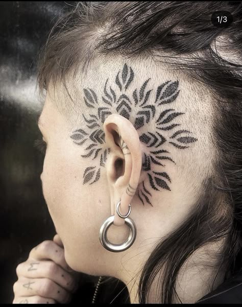 Above Ear Tattoo, Head Tattoos Women Side, Lady Mohawk, Head Tattoos Women, Side Head Tattoo, Head Tattoo Hair, Side Of Head Tattoo, Head Tattoo Design, Herb Tattoo