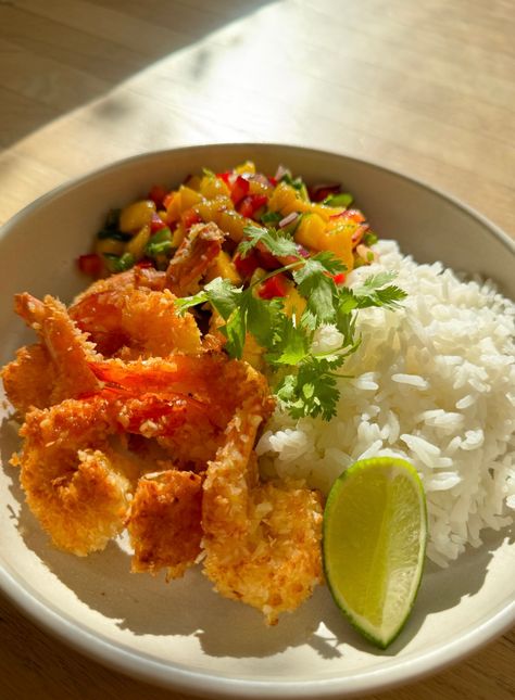 Coconut Shrimp with Coconut Rice & Mango Salsa Coconut Shrimp Bowl, Coconut Rice And Shrimp, Coconut Shrimp Sides, Coconut Rice And Mango, Shrimp Mango, Coconut Prawns, Honey Shrimp, Honey Garlic Shrimp, Pasture Raised Eggs