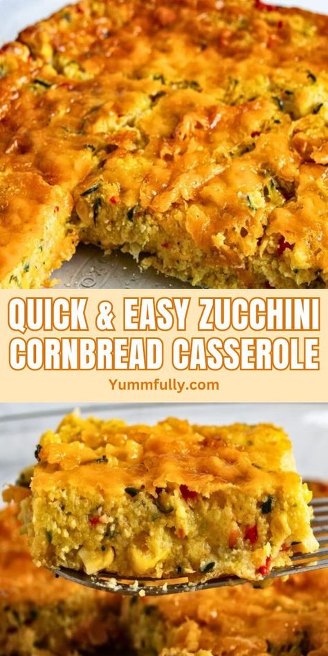 Perfect as a side dish for grilled meats or as a standalone vegetarian meal, this Zucchini Cornbread Casserole is easy and quick to make. Mixing fresh zucchini, sweet corn, and bright red bell pepper with corn muffin mix and shredded cheddar, makes for a tasty twist on a southern favorite! Zucchini Cornbread Casserole, Zucchini Snacks, Comfort Food Recipes Casseroles, Zucchini Cornbread, Corn Muffin, Fresh Zucchini, Crockpot Ham, Cornbread Casserole, Baked Corn