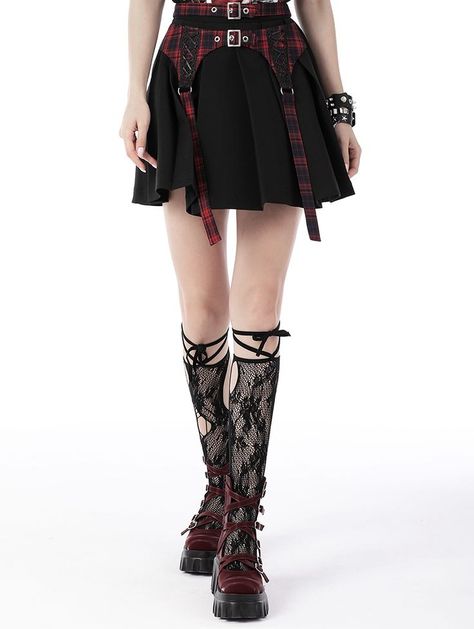 Black and Red Plaid Gothic Grunge Belt Pleated Short Skirt#darkskirt #punkgirl #gothgrunge #grungestyle #gothicshortskirts #grungeskirts Grunge Belt, Pleated Short Skirt, Gothic Skirts, Alt Outfits, Gothic Grunge, Fishtail Skirt, Weird Fashion, High Low Skirt, Half Skirt